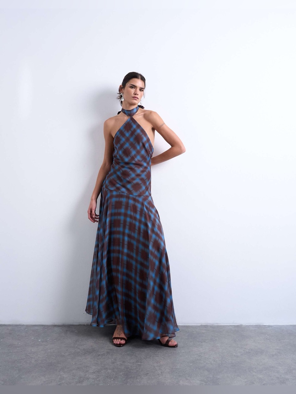 Topshop Blue and Brown Plaid Halter Maxi Dress